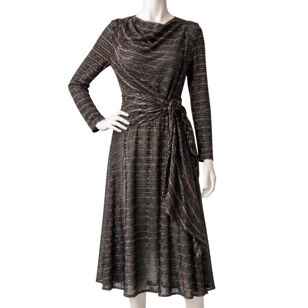 VINTAGE ILGWU 1970s Deadstock Metallic‎ Black Gold Belted Disco Wrap Dress SMALL